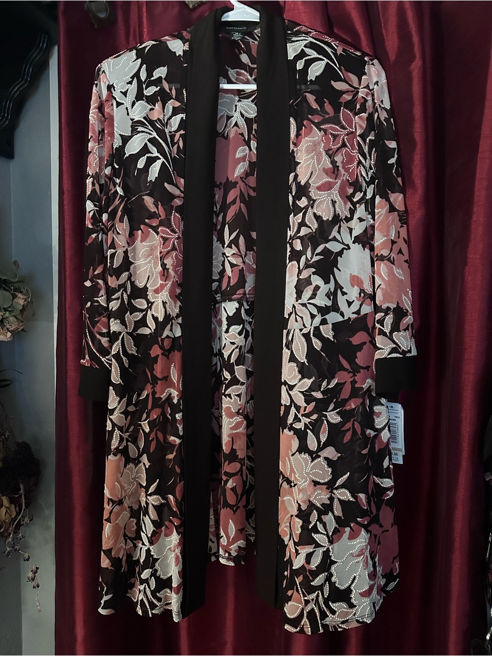 R&M Richards Black Floral Lace-Overlay Long Robe with Blush and Cream Accents